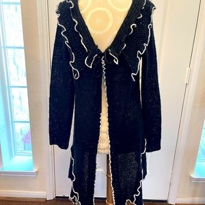Lily Boutique Long Black Cardigan with White Trim & Sequins, Size L